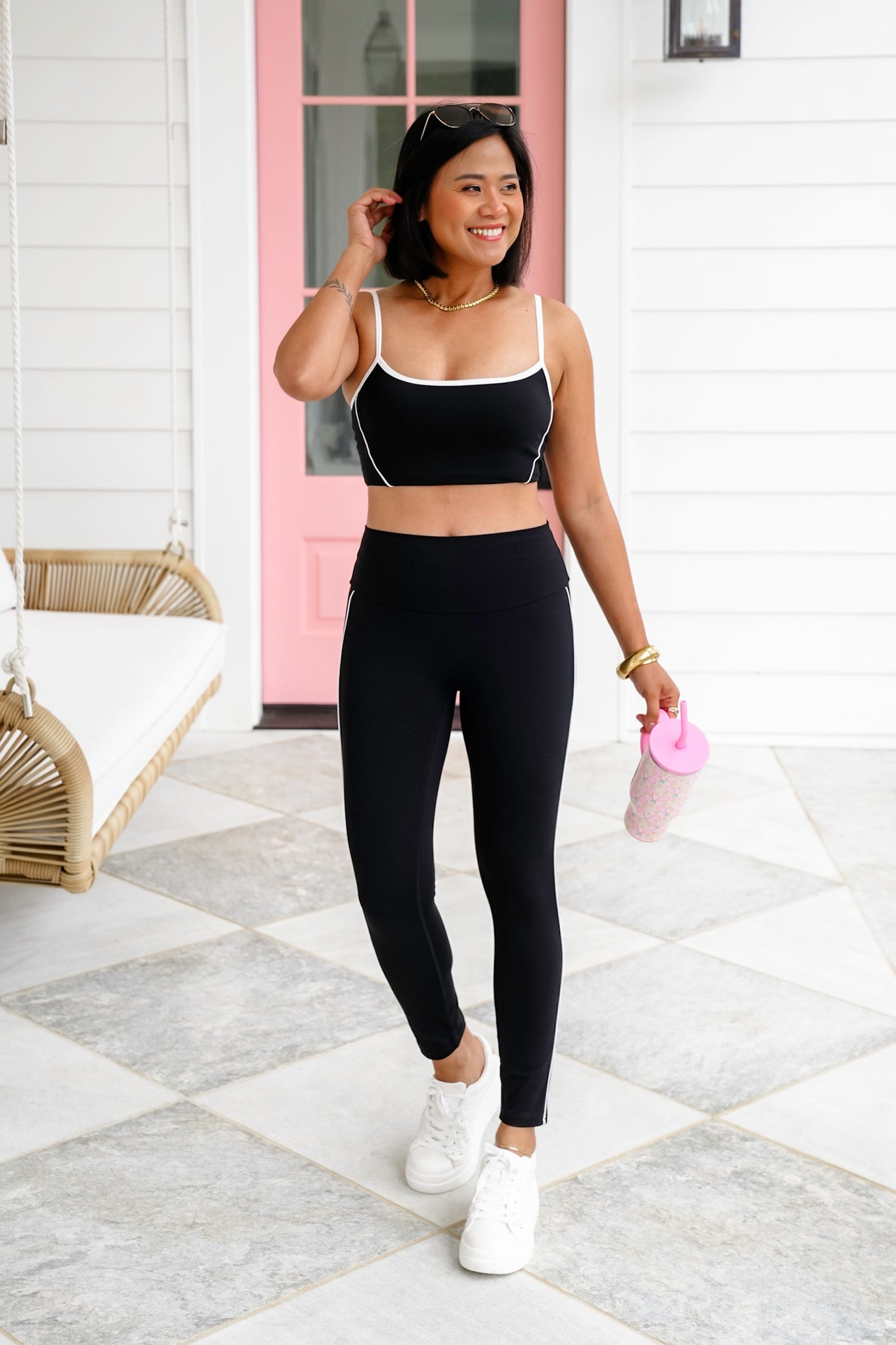 Black Cropped Tank Top and Leggings Set with Piping Detail