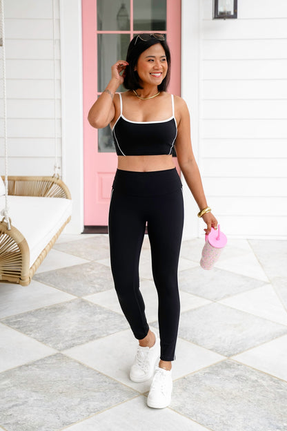 Black Cropped Tank Top and Leggings Set with Piping Detail