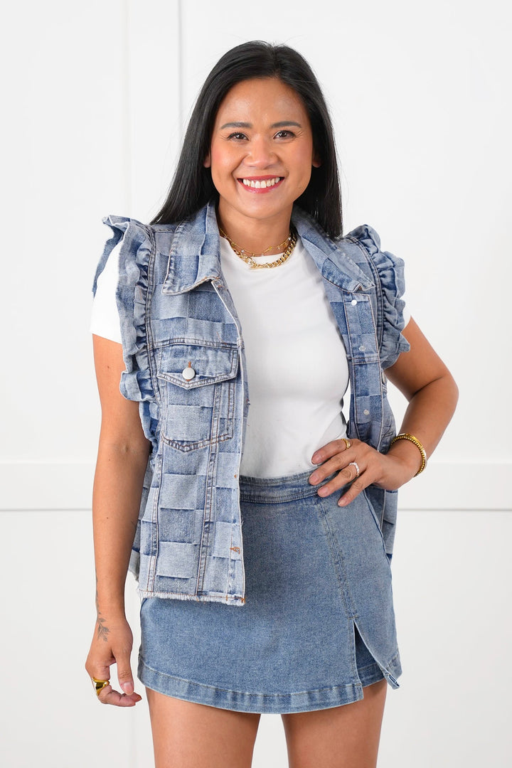 Vintage Wash Gingham Button Down Vest with Ruffle Detail