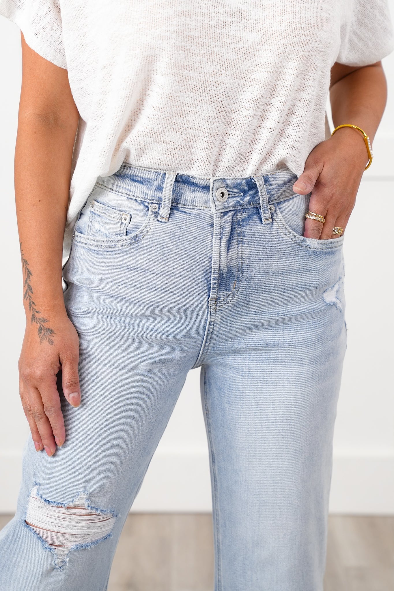Mica High Rise Light Wash Raw Hem Wide Leg Jeans