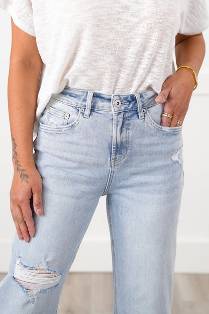 Mica High Rise Light Wash Raw Hem Wide Leg Jeans