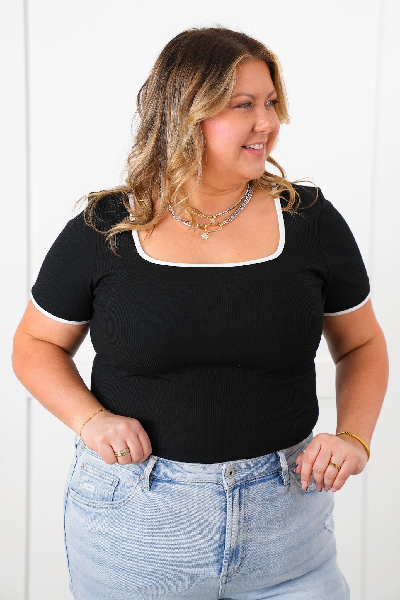 Restock! Plus/Reg Ribbed Knit Short Sleeve Square Neck Top with Contrast Trim Detail