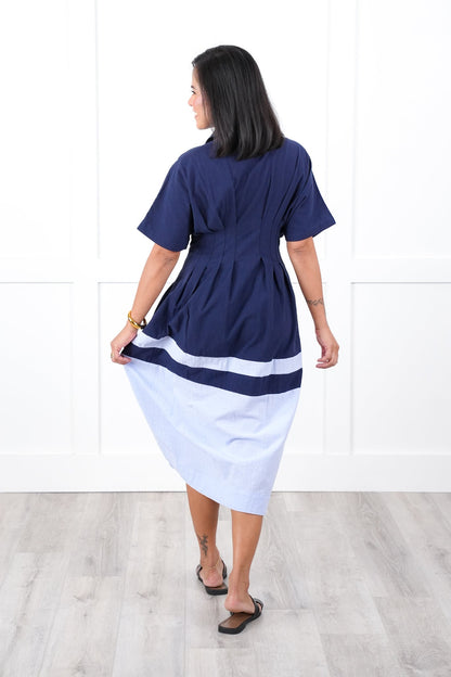 Color Block Short Sleeve Button Down Midi Dress