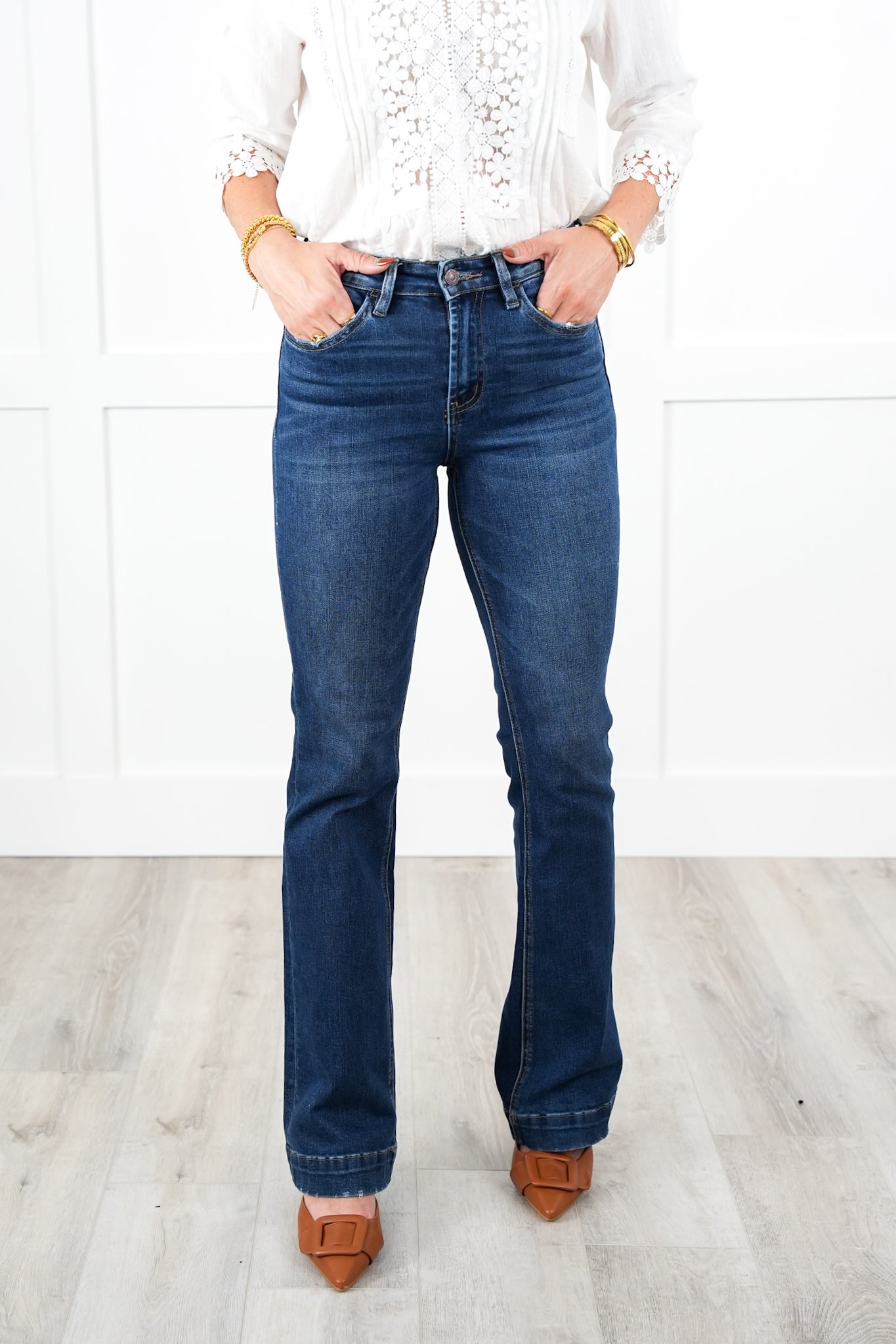 Vervet High Rise Dark Wash Trouser Hem Bootcut Jeans