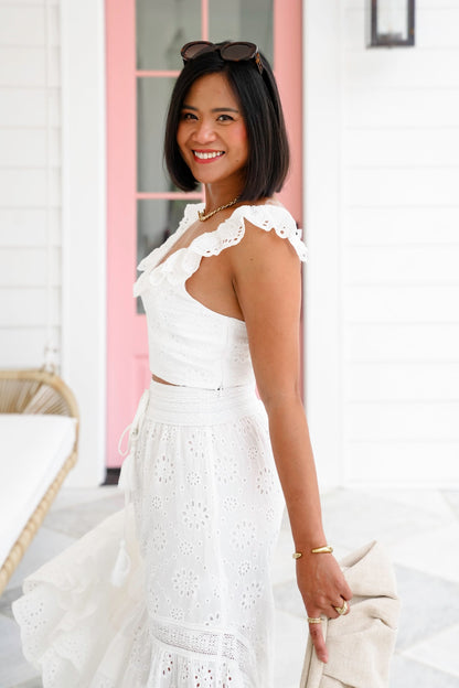 White Eyelet Ruffle Sleeve Crop Top and Hi-Low Skirt Set