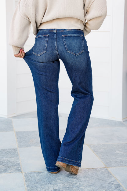 Risen High Rise Dark Wash Tummy Control Wide Leg Jeans With Adjustable Waistband