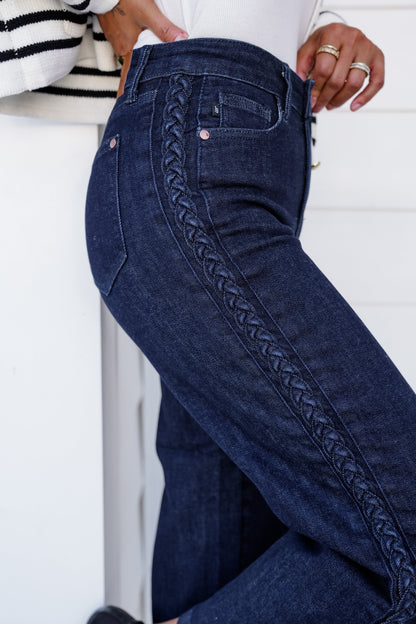 Judy Blue High Rise Dark Wash Cropped Jeans with Side Seam Braid Detail
