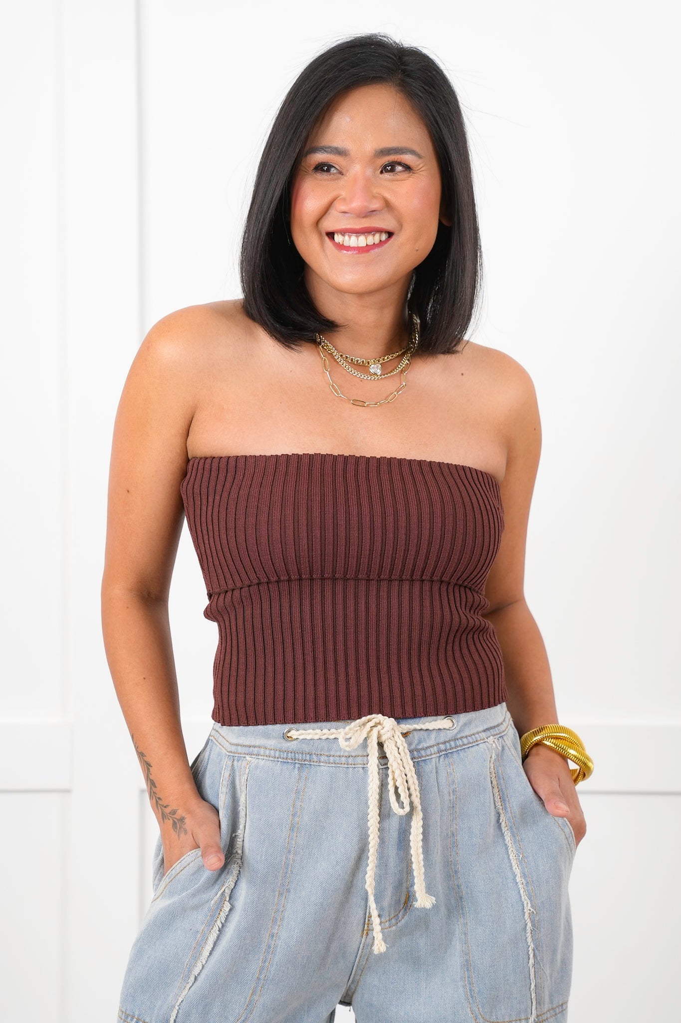 Sleeveless Ribbed Fold Over Tube Top