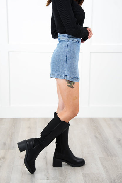 Restock! Denim High Waist Mini Skort with Side Slit Detail