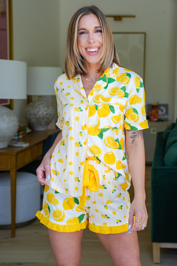 Lemon Print Short Sleeve Button Down Top and Shorts Pajama Set
