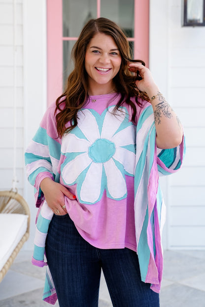 Color Block Flower Patch Long Sleeve Poncho Top