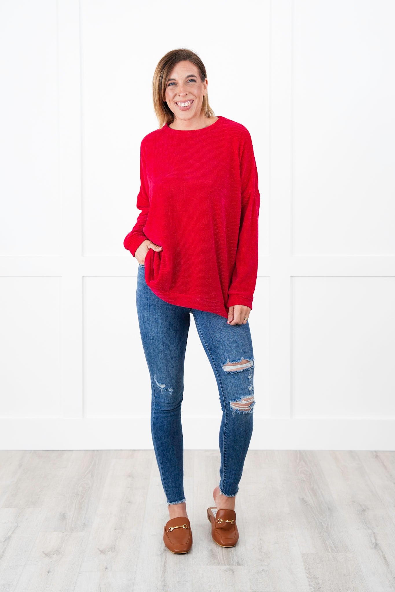 Plus/Reg Solid Chenille Long Sleeve Round Neck Top (Multiple Colors)