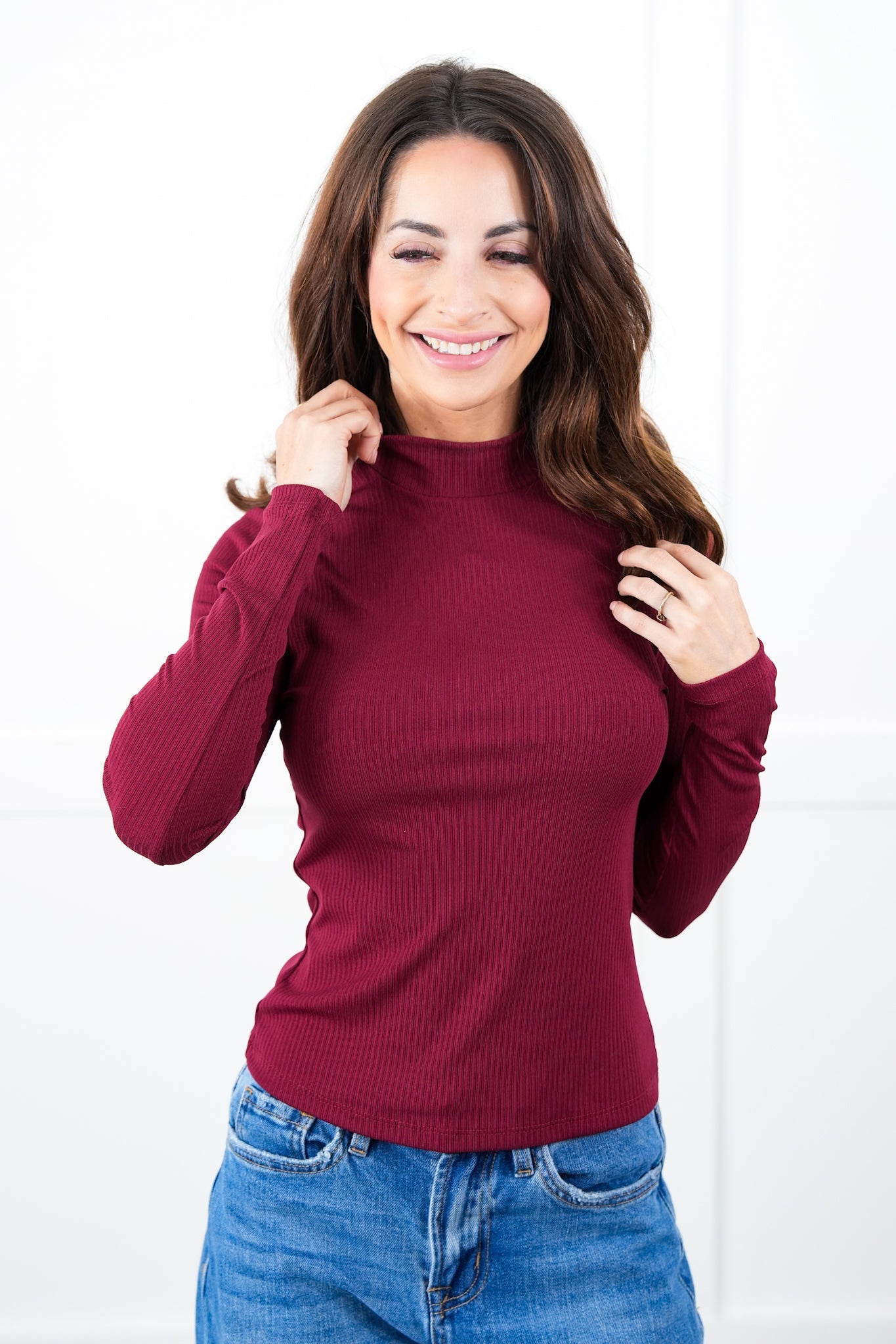 Solid Ribbed Knit Long Sleeve Mock Neck Top