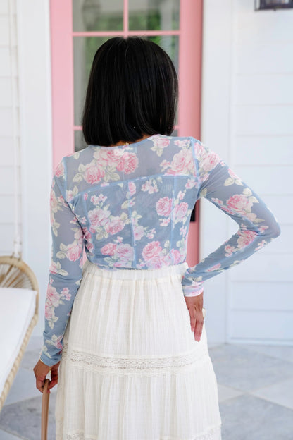 Floral Mesh Long Sleeve with Reverse Seam Detail