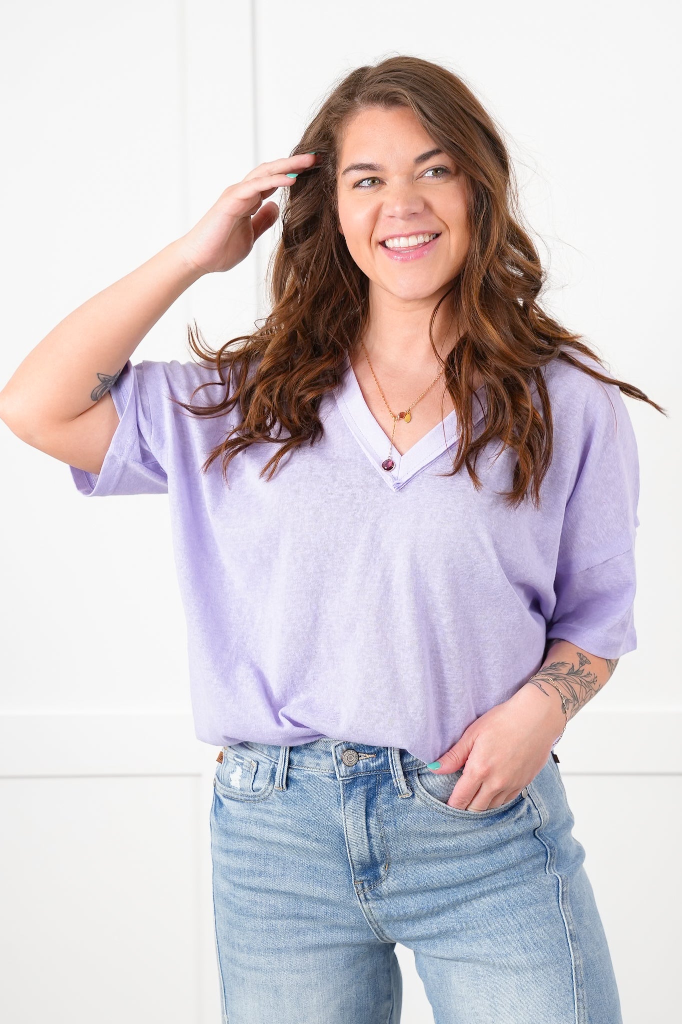 POL Stone Wash Short Sleeve V-Neck Top