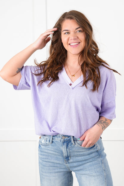 POL Stone Wash Short Sleeve V-Neck Top