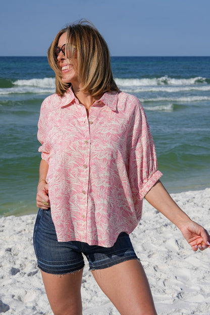 Tropical Print Short Doman Sleeve Button Down Top with Back Cut Out Detail