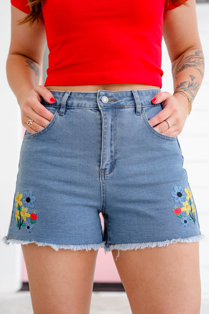 Stretch Denim Shorts with Floral Embroidery Detail