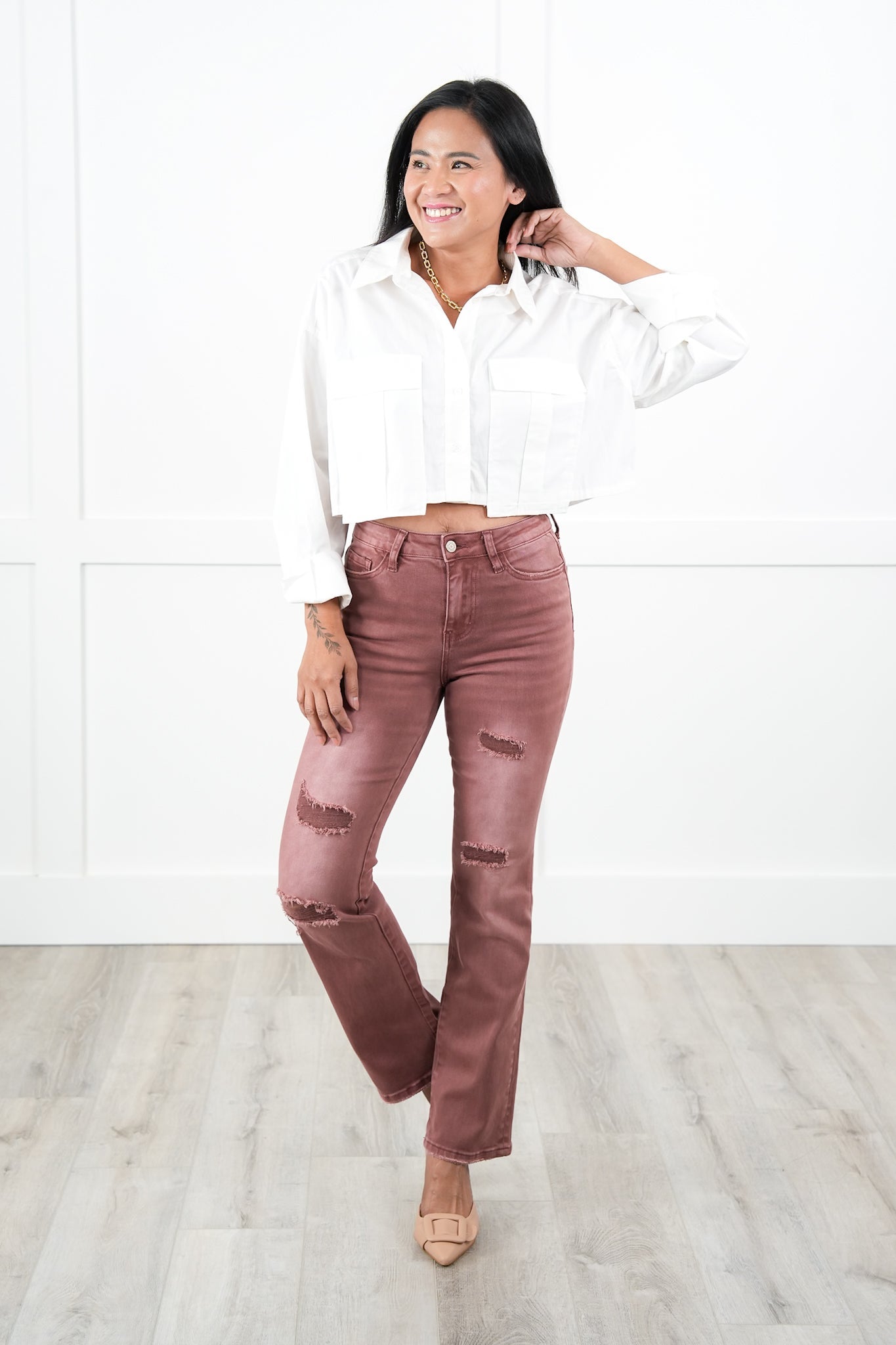 Vervet High Rise Dark Mauve Distressed Bootcut Jeans