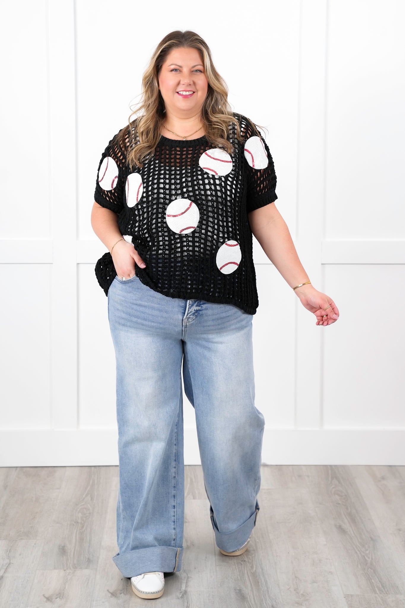Loose Knit Short Sleeve Sweater with Sequin Baseball Patch Detail