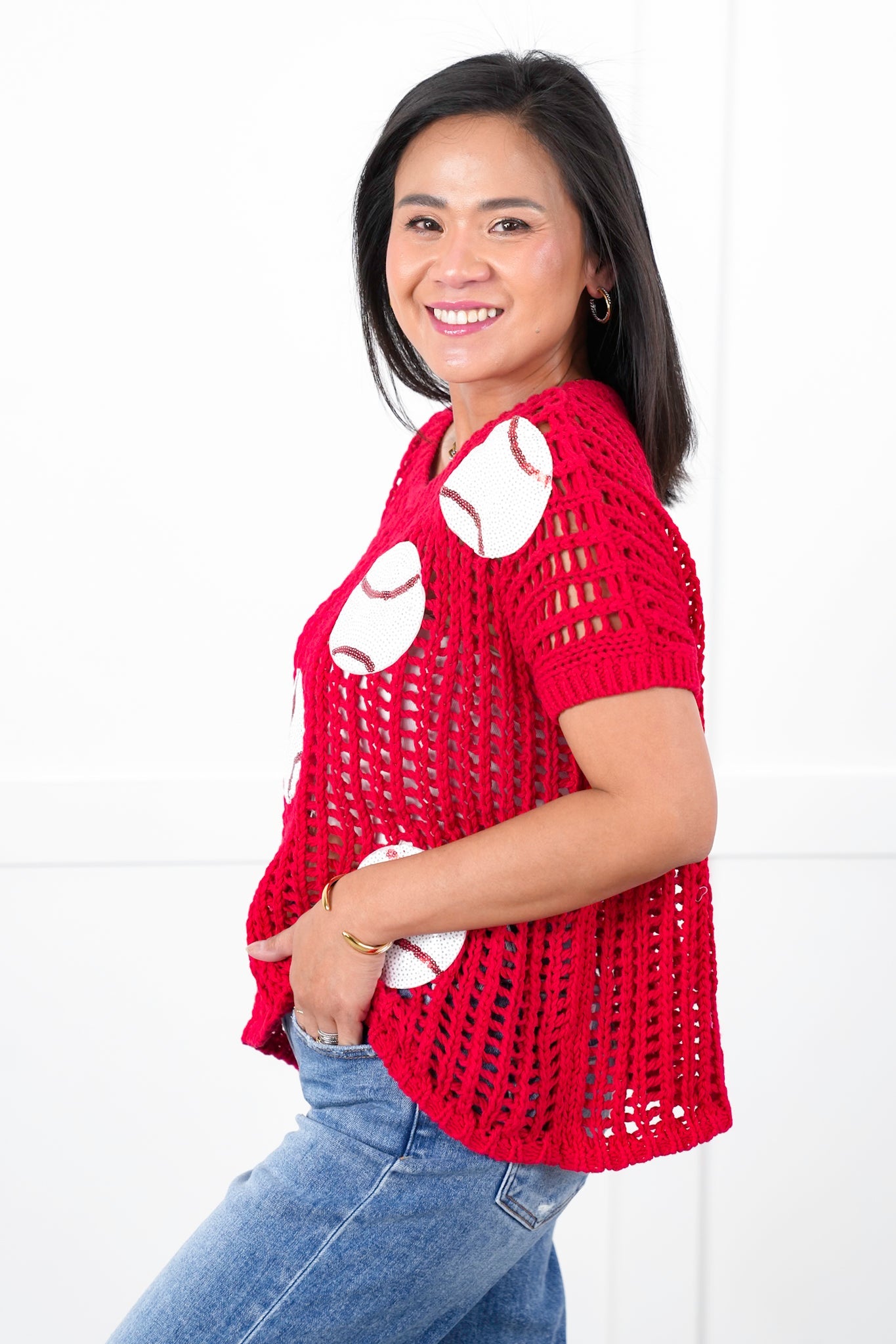 Loose Knit Short Sleeve Sweater with Sequin Baseball Patch Detail