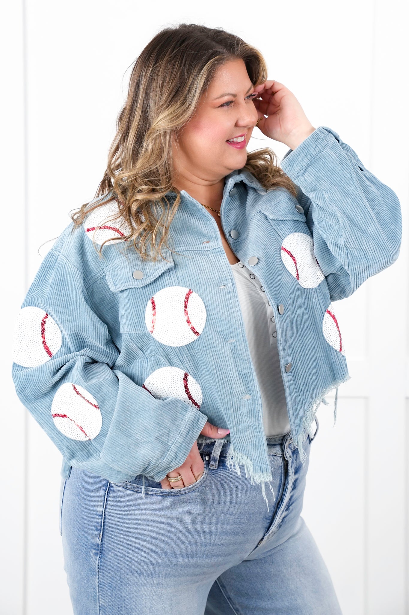 Vintage Wash Corduroy Jacket with Sequin Baseball Patch Detail