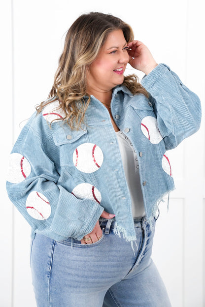Vintage Wash Corduroy Jacket with Sequin Baseball Patch Detail