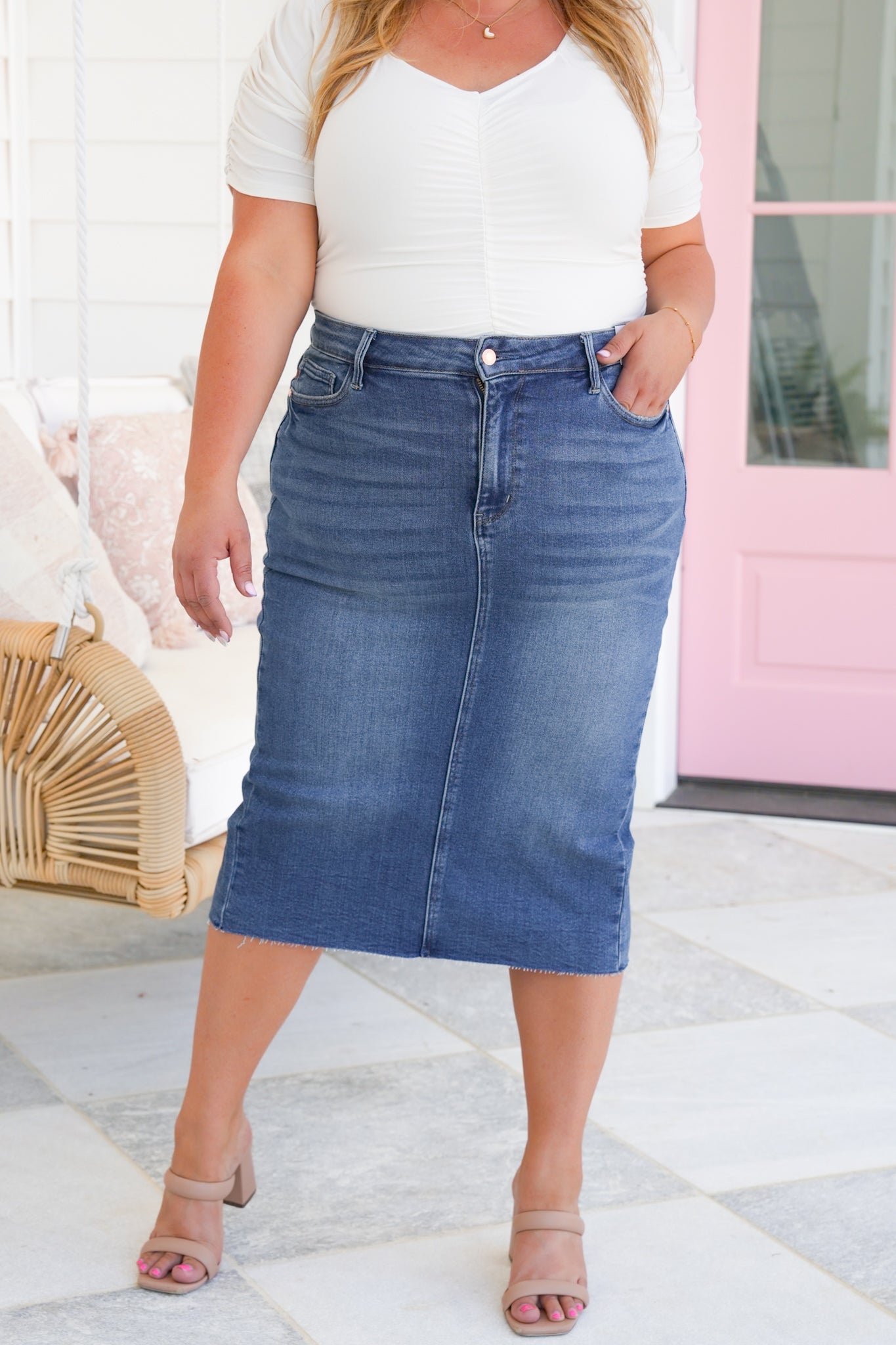 Judy Blue High Rise Medium Wash Mid Length Skirt