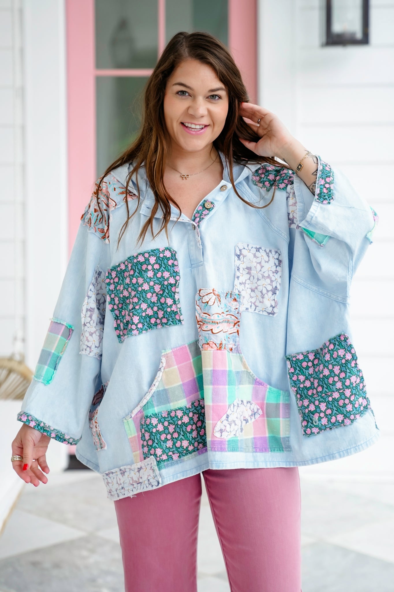 Patchwork 3/4 Sleeve Button Up Hooded Top