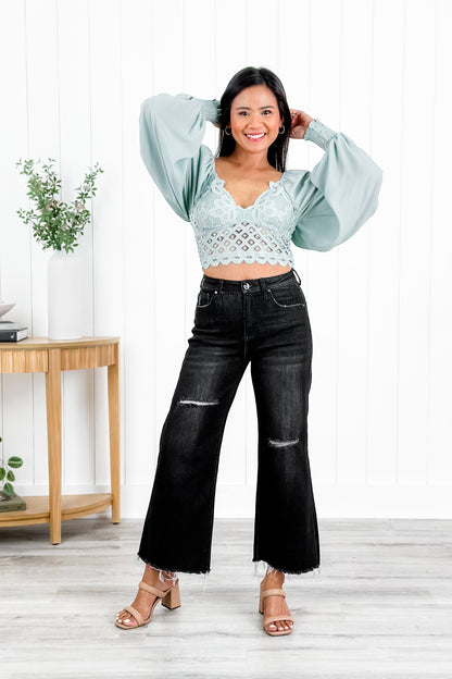 Risen High Rise Black Frayed Ankle Wide Leg Jeans