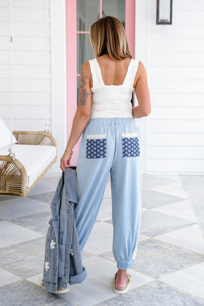 Pleated Elastic Waist Joggers with Lace Detail