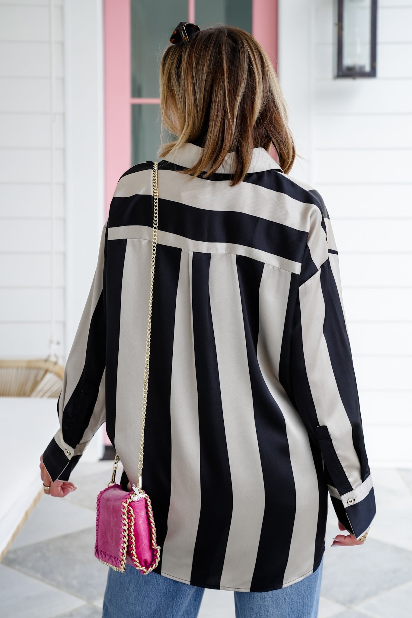 Satin Stripe Long Sleeve Button Down Blouse