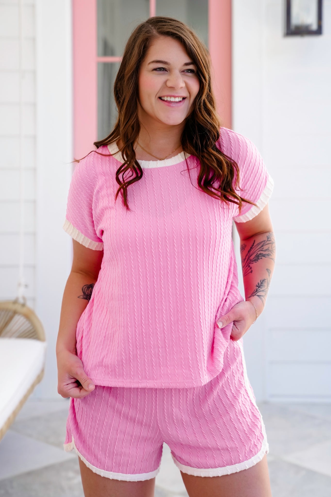 Plus/Reg Cable Knit Short Sleeve Top with Contrast Detail