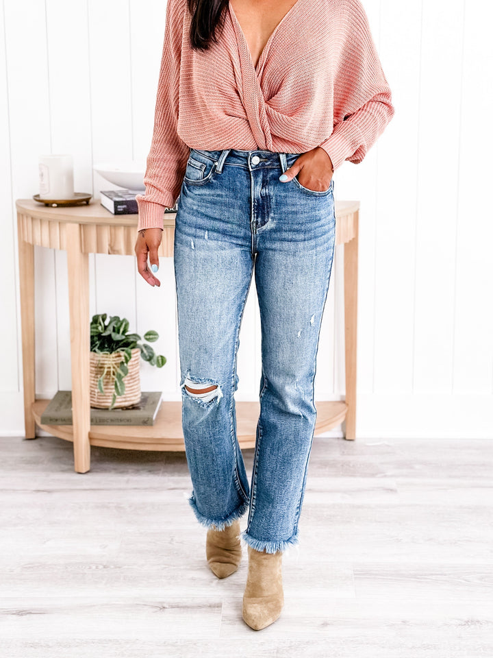 Risen Weekend Living High Rise Dark Wash Distressed Crop Kick Flare