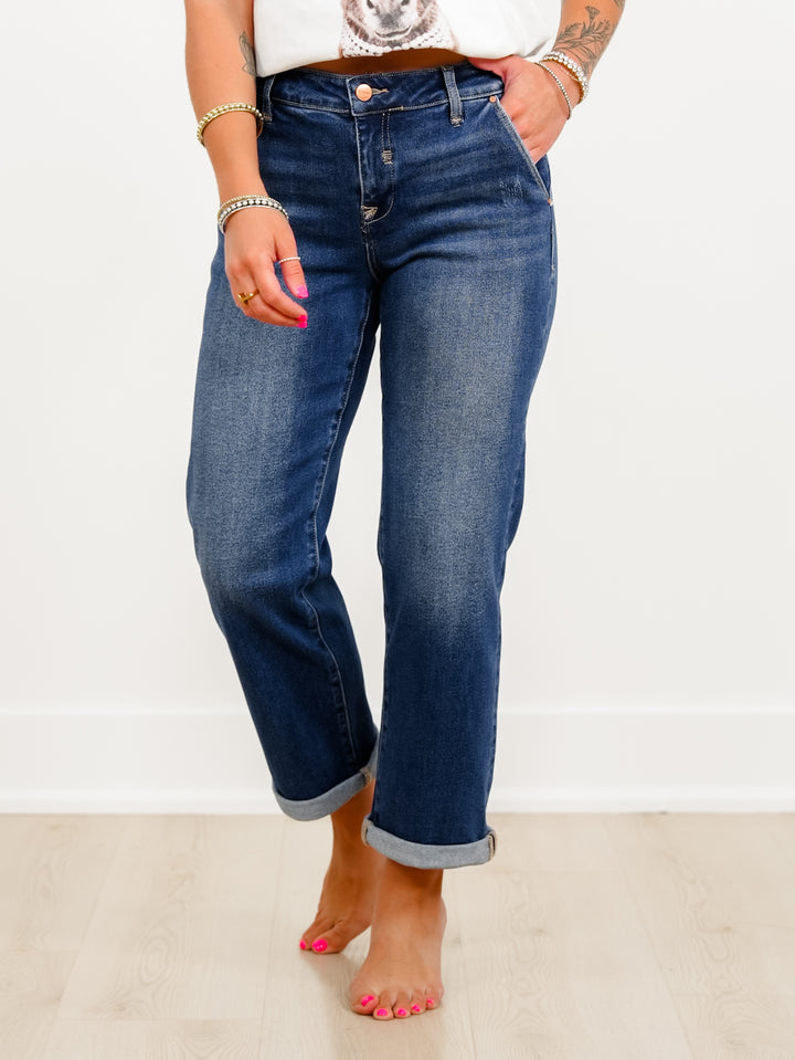 Risen Mid Rise Dark Wash Slouchy Cuffed Boyfriend Jeans