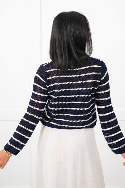 Striped Crochet Long Sleeve Cardigan with Front Tie Detail