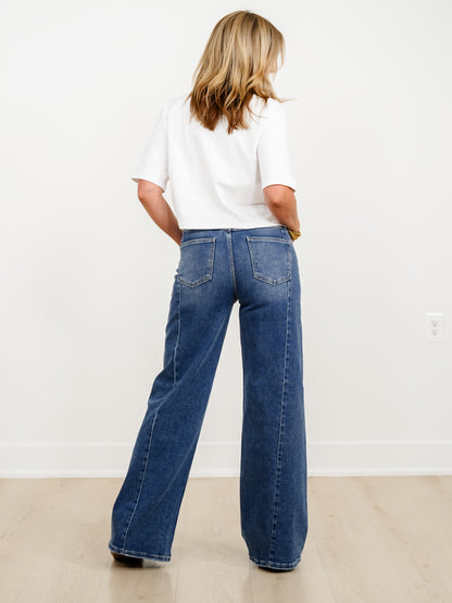 Restock! Risen The Willow Multi Inseam Dark Wash Wide Leg Seam Front Jeans