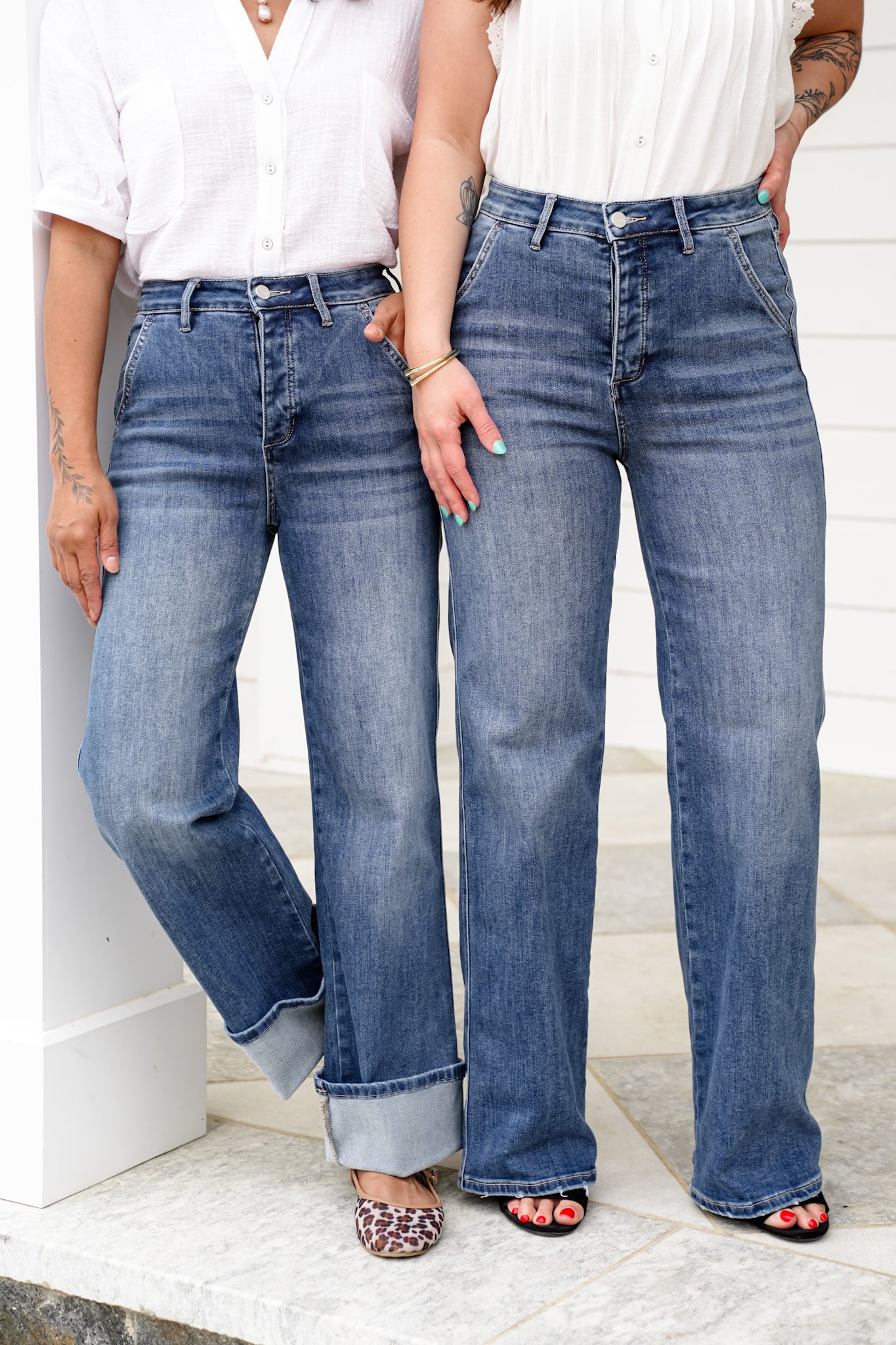Mica High Rise Medium Wash Cuffed Wide Leg Jeans with Hidden Button Fly