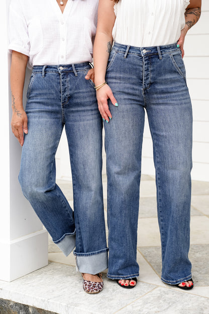 Mica High Rise Medium Wash Cuffed Wide Leg Jeans with Hidden Button Fly