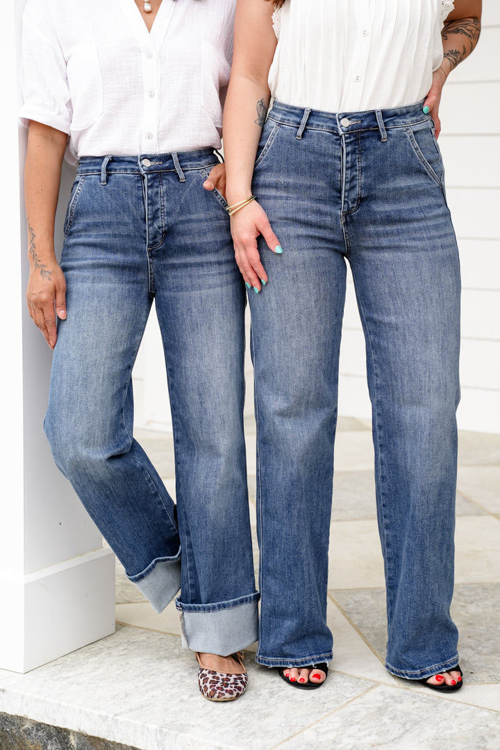 Mica High Rise Medium Wash Cuffed Wide Leg Jeans with Hidden Button Fly