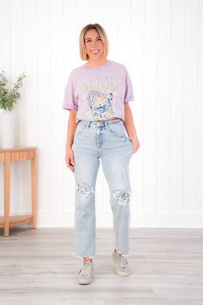 Risen High Rise Acid Wash Sequin Knee Patches Relaxed Straight Leg Jeans