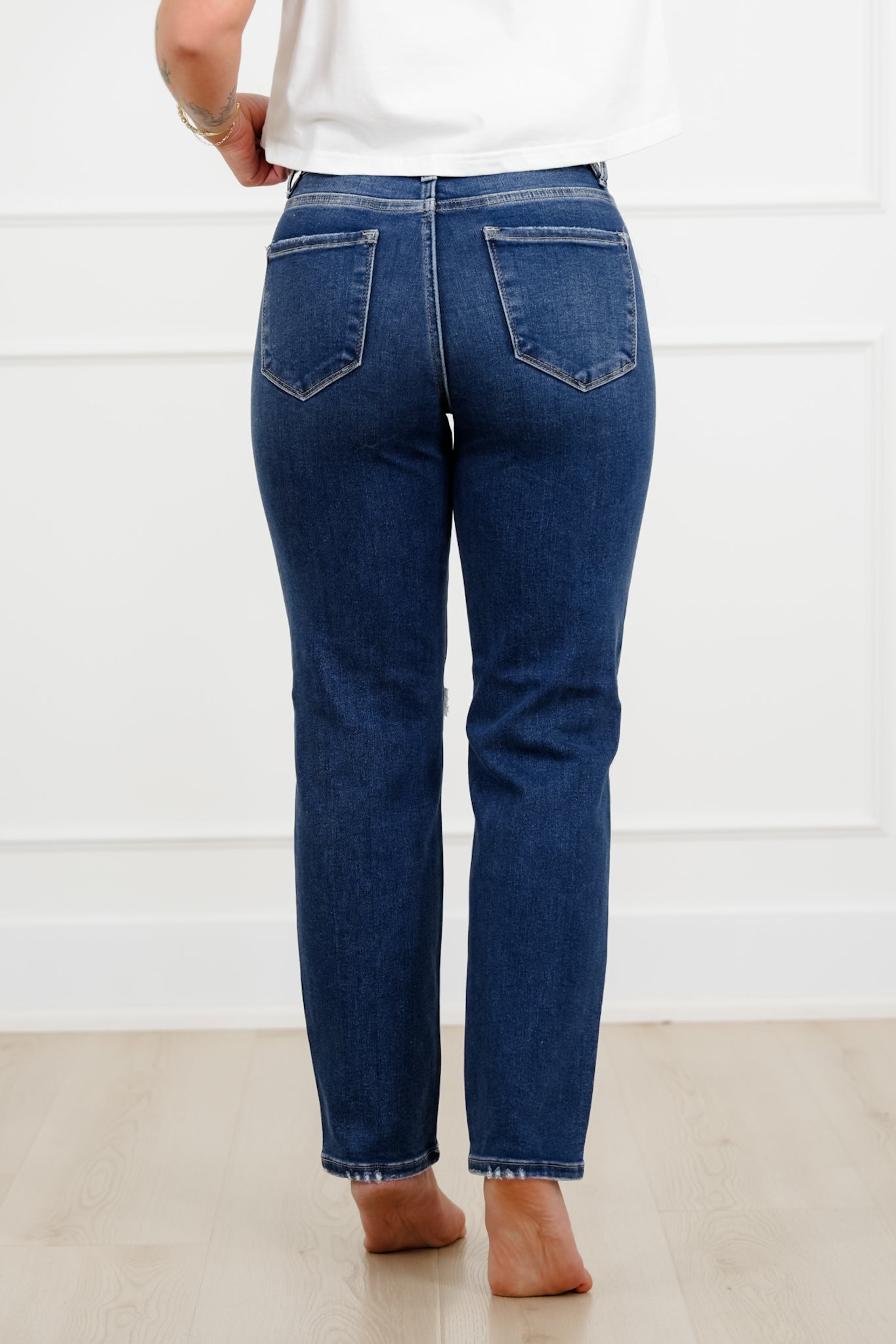 Risen High Rise Dark Wash Tummy Control Distressed Girlfriend Jeans