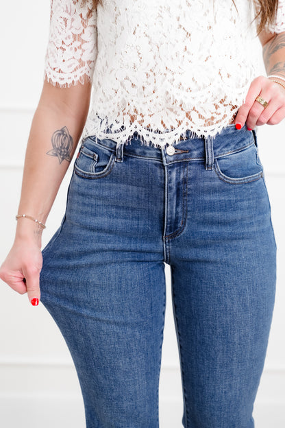 Judy Blue The Delilah High Rise Medium Wash Double Button Frayed Hem Bootcut Jeans