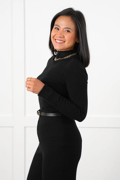 Ribbed Knit Long Sleeve Top and Wide Leg Pants Set