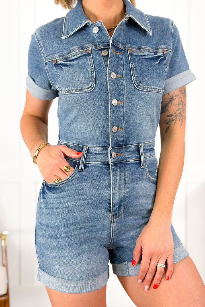 Plus/Reg Wildflower Judy Blue Denim Short Sleeve High Waist Romper
