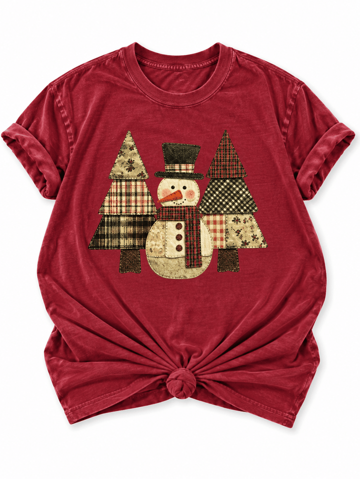 Plus/Reg Short Sleeve Patchwork Christmas Trees and Snowman Graphic Tee - Freckled Poppy