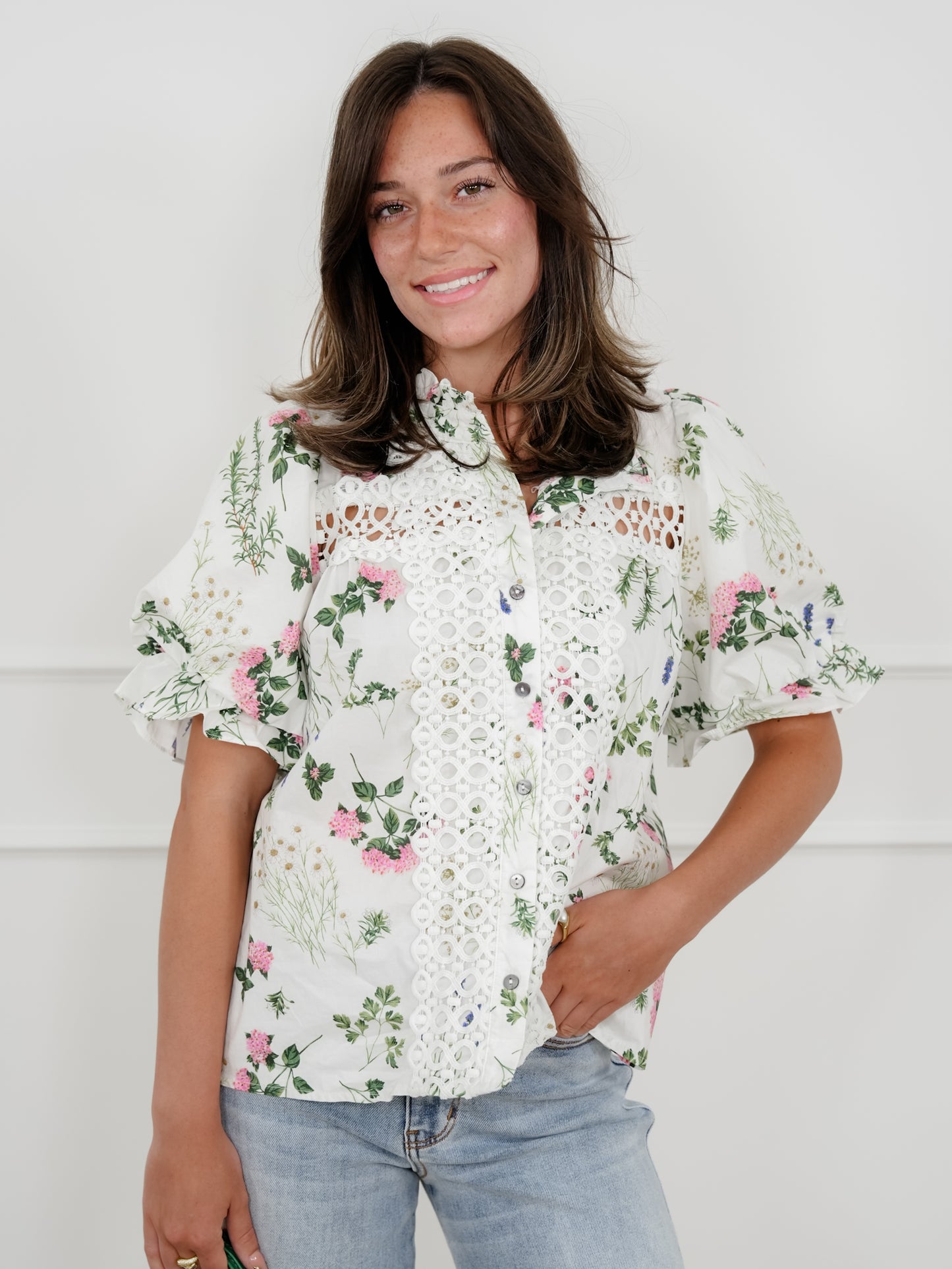 Floral Short Puff Sleeve Button Down Top with Lace Trim