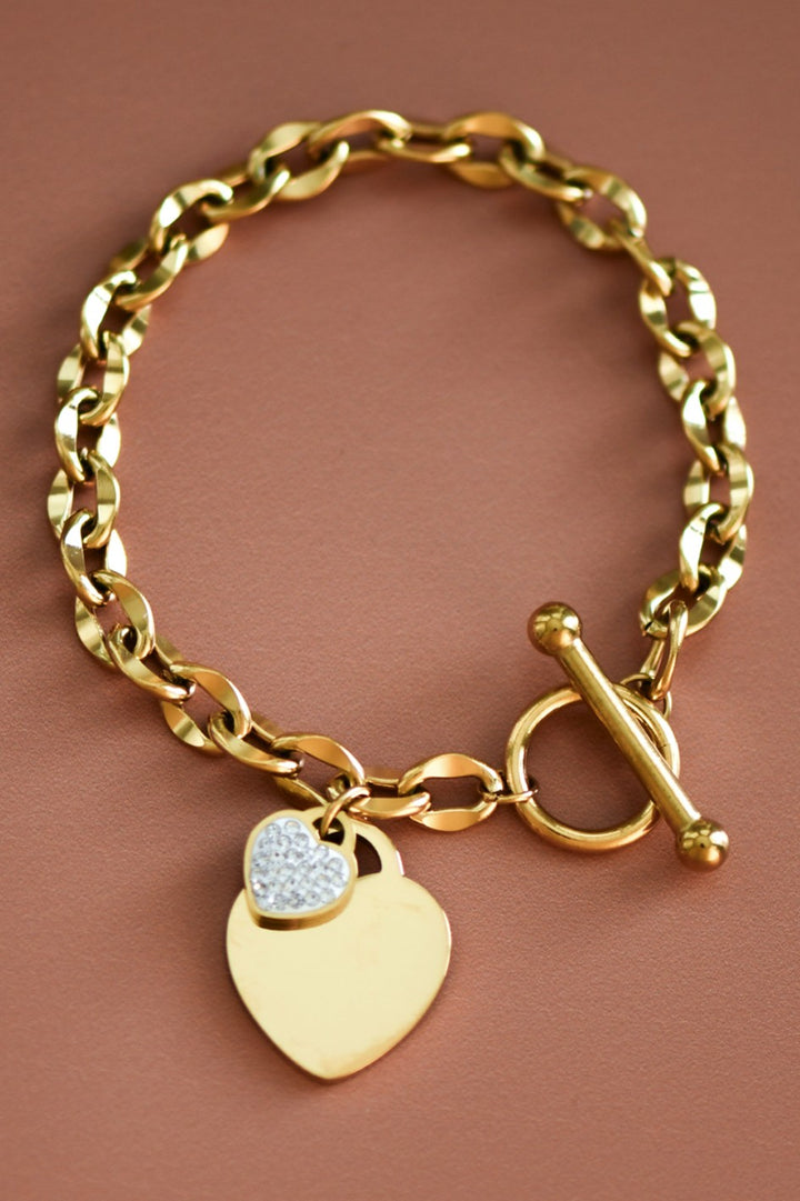 18k Non-Tarnish Stainless Steel Chain Double Heart Charm Bracelet