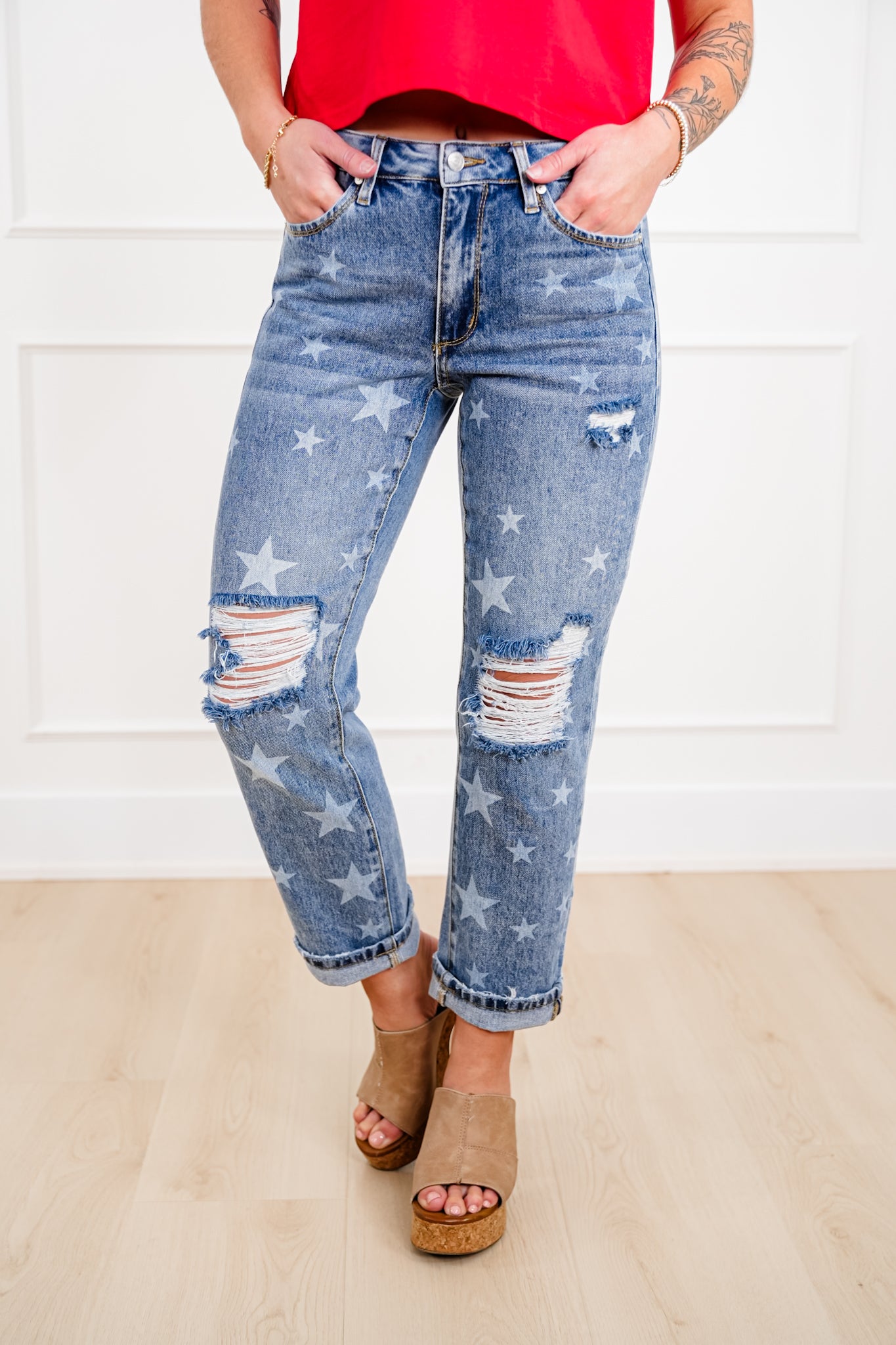 Saige Mid Rise Medium Wash Slim Boyfriend Jeans with Star Print