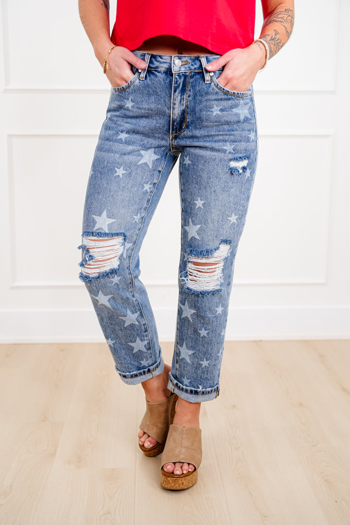 Saige Mid Rise Medium Wash Slim Boyfriend Jeans with Star Print